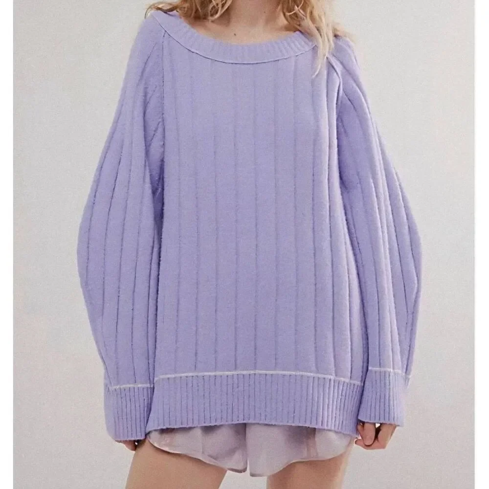 Free People Sweater Women's Large Lavender Venus Tunic Cozy Raglan Oversized